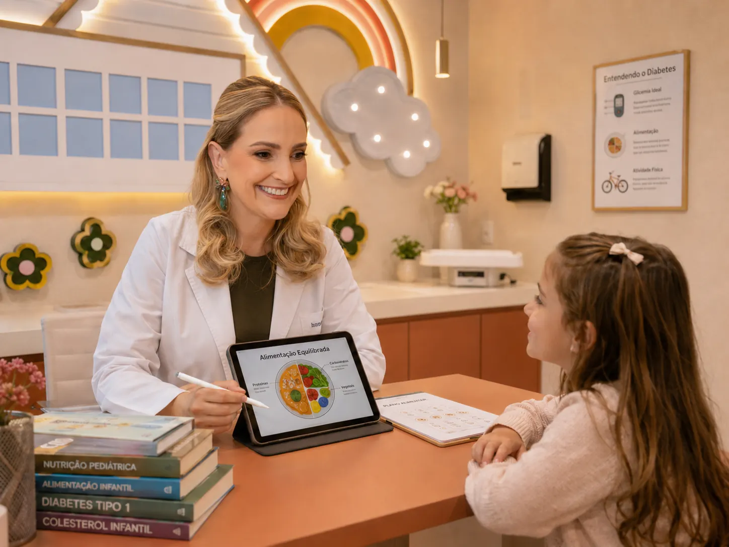 Dra. Fernanda Trolezi conversando com uma criança em consulta sobre alimentação equilibrada