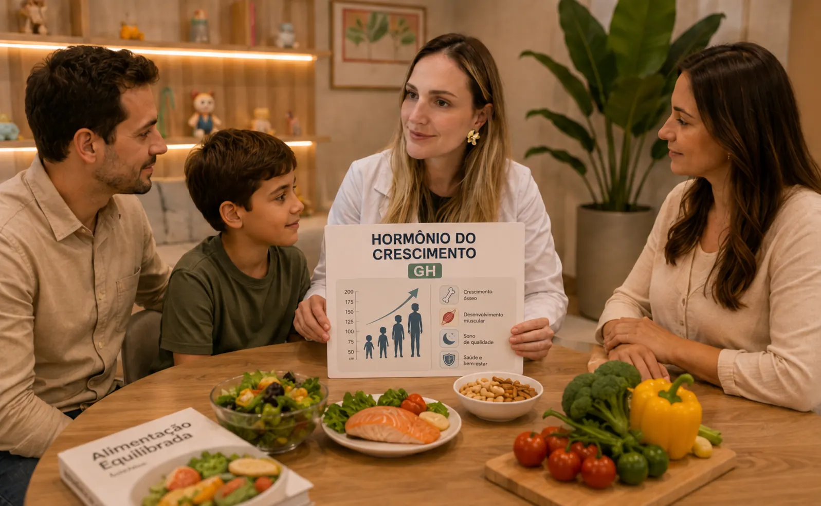 Dra. Fernanda Trolezi orientando uma família sobre crescimento infantil